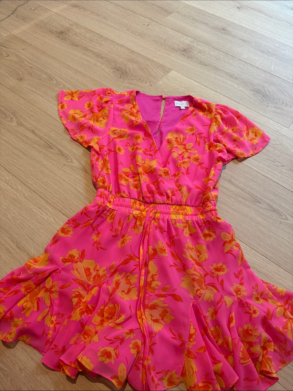 Girls' Hot Pink Floral Flutter Sleeve Romper